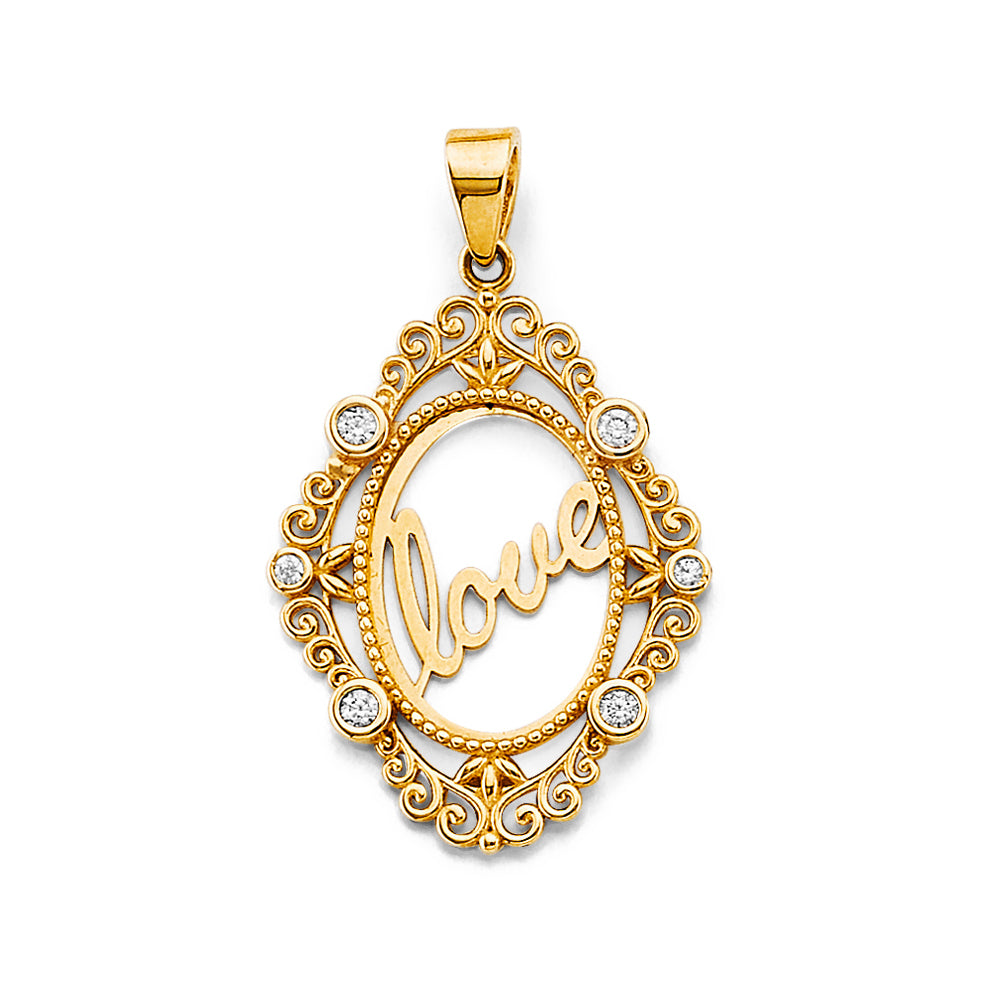 14K Yellow Gold Filigree Oval Love Design CZ Pendant