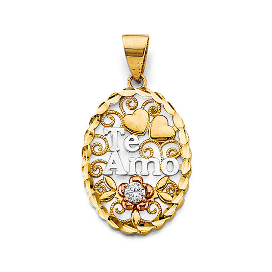 14K Tri-Color Gold Filigree Oval Te Amo Heart Design CZ Pendant