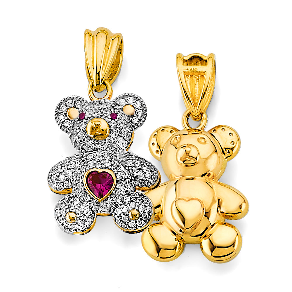 14K Two-Tone Gold Double-Sided / Reversible Teddy Bear CZ Pendant with Red Heart