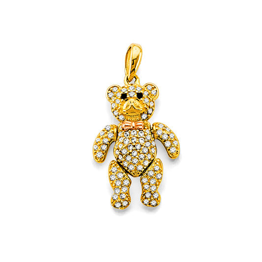 14K Two-Tone Gold Teddy Bear CZ Pendant with Bow Tie