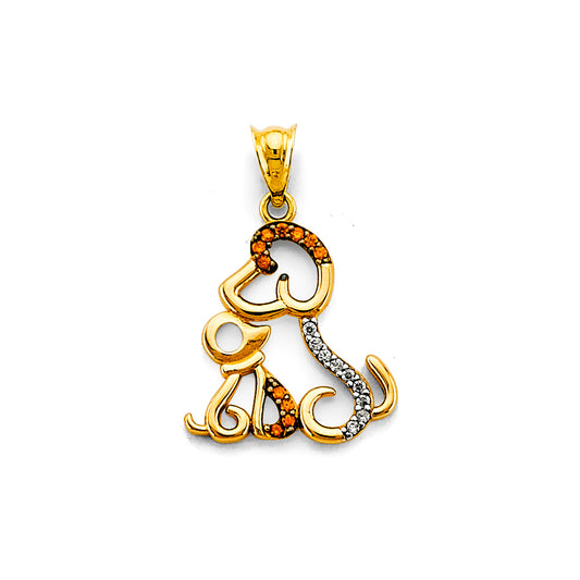 14K Yellow Gold Dog & Puppy Outline CZ Pendant