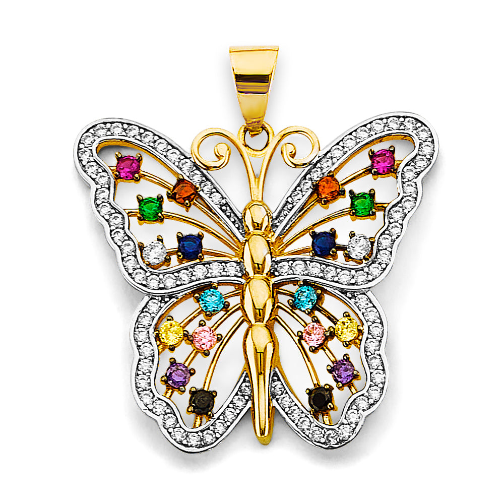 14K Yellow Gold Multicolor CZ Butterfly Pendant