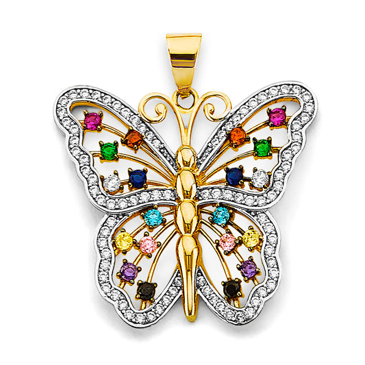 14K Yellow Gold Multicolor CZ Butterfly Pendant