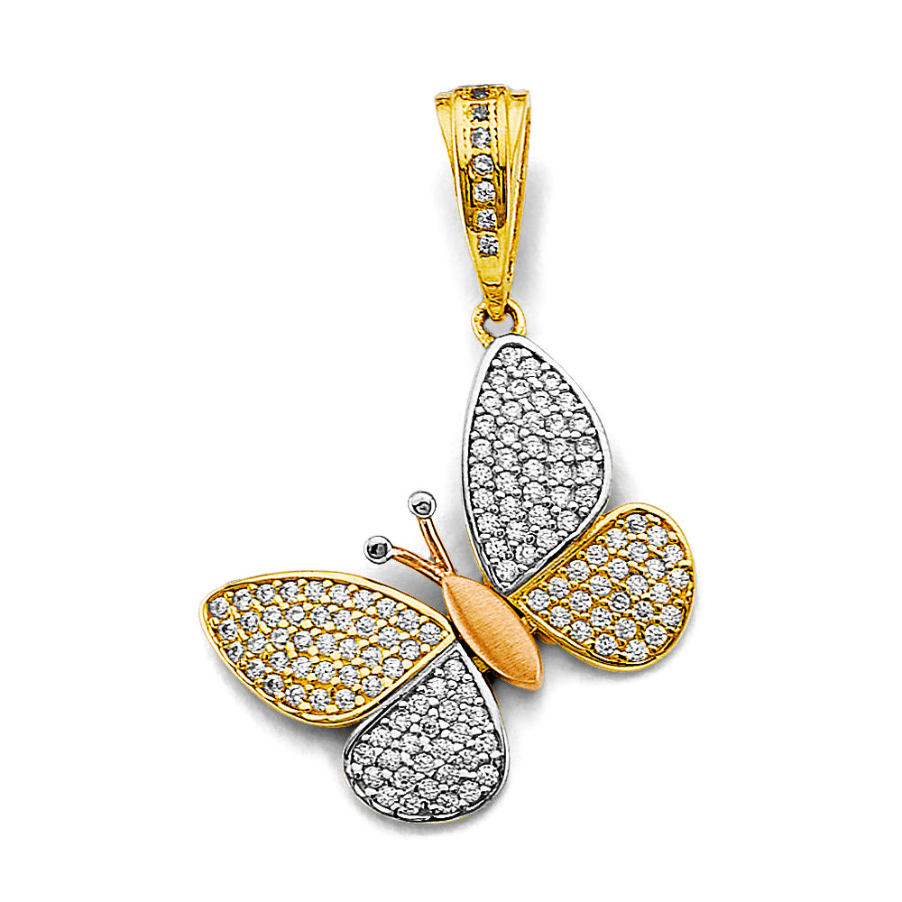 14K Tri-Color Gold Butterfly CZ Pendant
