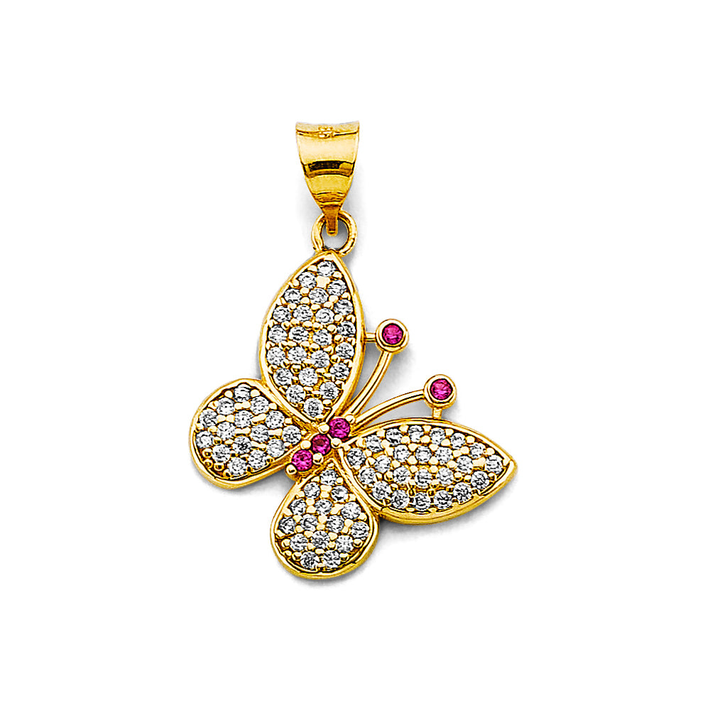 14K Yellow Gold Butterfly CZ Pendant with Red CZ Accents