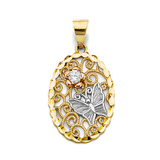 14K Tri-Color Gold Filigree Oval Butterfly & Flower CZ Pendant