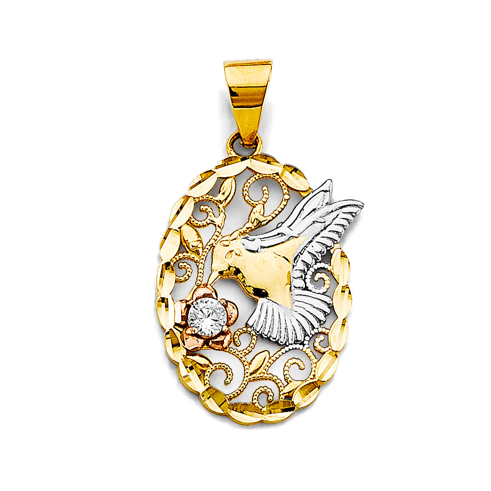 14K Tri-Color Gold Filigree Hummingbird & Flower CZ Oval Pendant