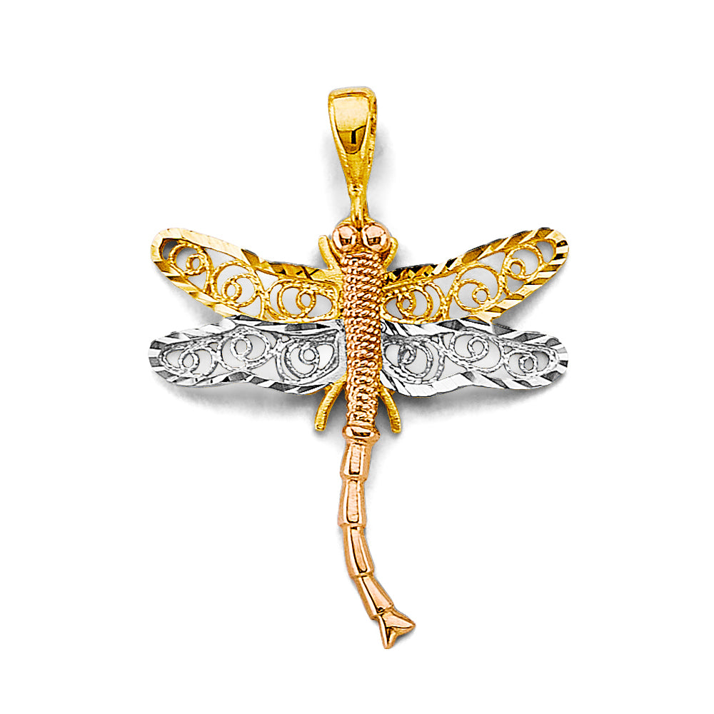 14K Tri-Color Gold Filigree Dragonfly Pendant