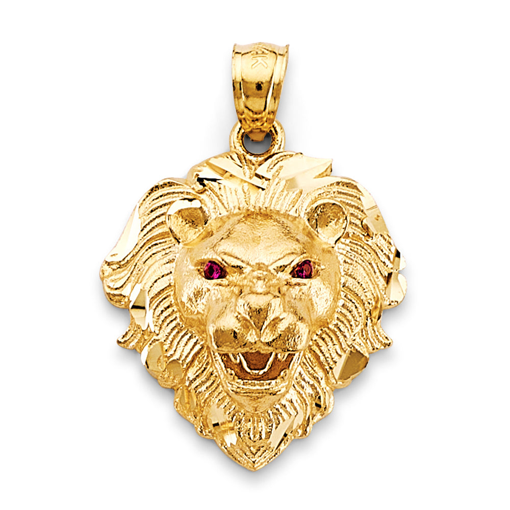 14K Yellow Gold Lion Head Pendant with Ruby Accent Eyes 1.2" Tall