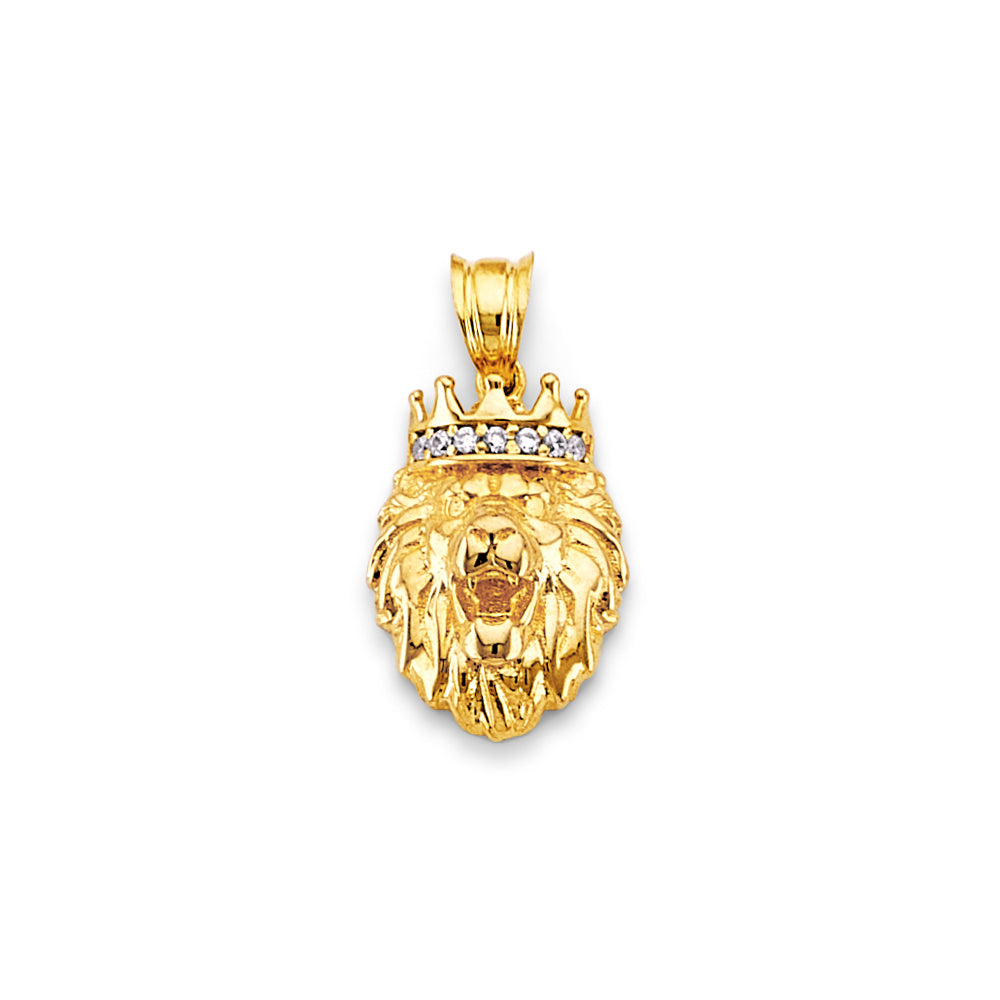 14K Yellow Gold Lion Head with Crown CZ Pendant 0.8" tall
