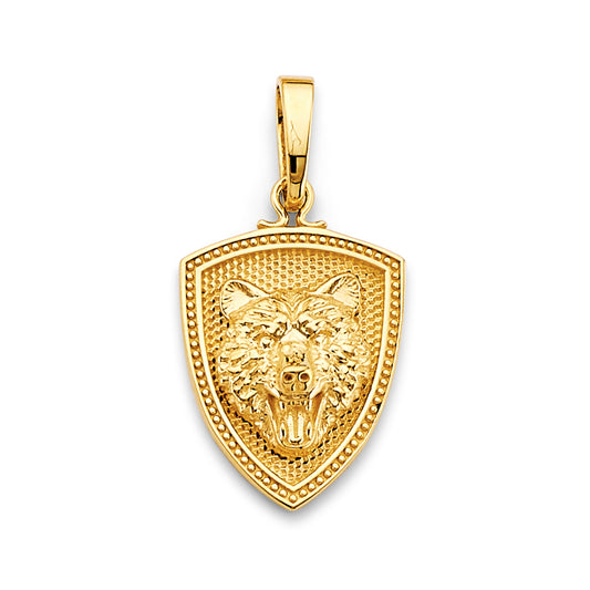 14K Yellow Gold Wolf Shield Pendant 1.2" Tall