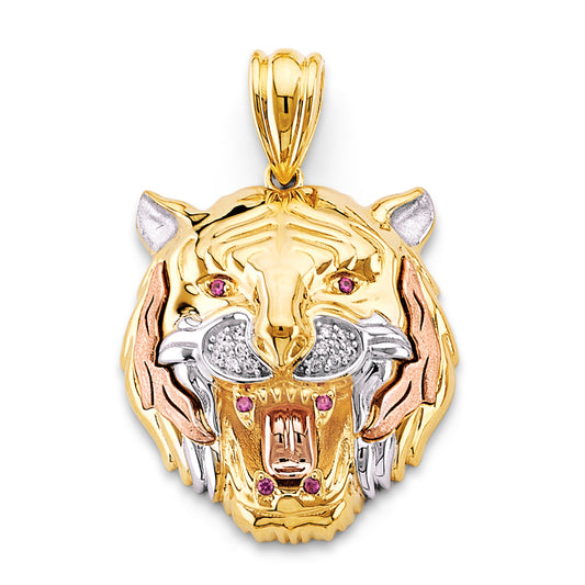 14K Tri-Color Gold Tiger Head CZ Pendant 1.8" Tall
