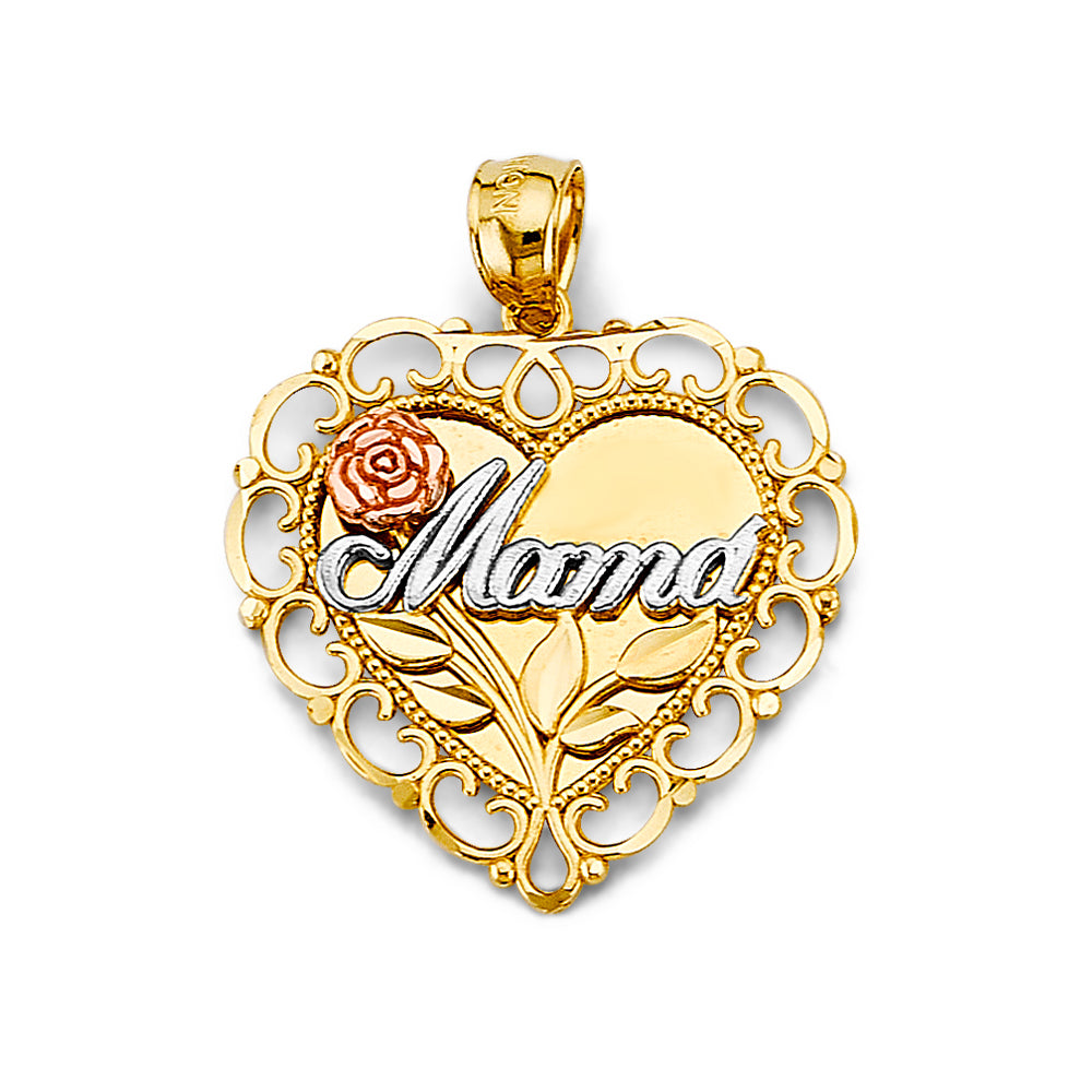 14K Tri-Color Gold Mama Heart Filigree Pendant