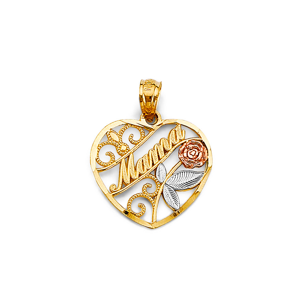 14K Tri-Color Gold Mama Heart Filigree Pendant with Rose Accent