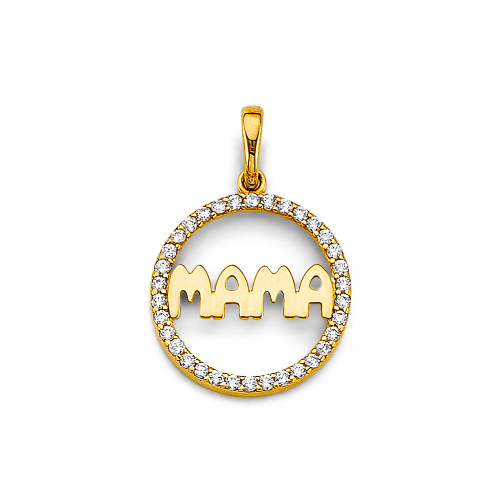 14K Yellow Gold Mama Circle Pendant with CZ Accents