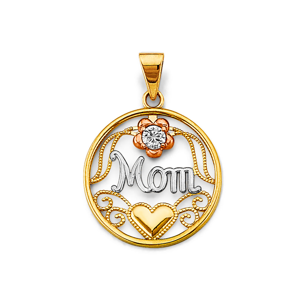 14K Tri-Color Gold Mom Oval Pendant with CZ Flower and Heart
