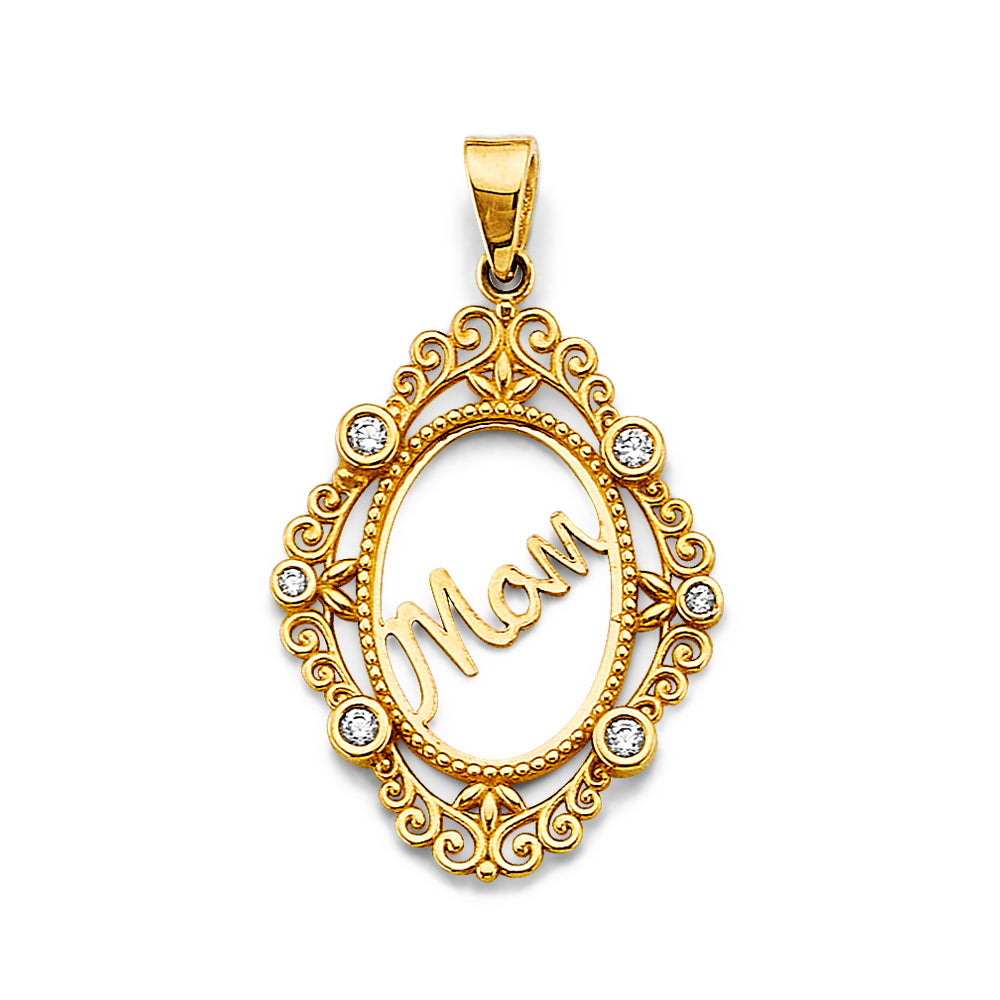 14K Yellow Gold Mam Filigree Oval CZ Pendant