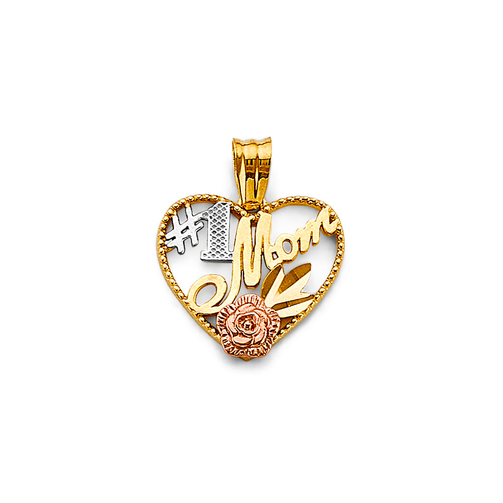14K Tri-Color Gold #1 Mom Heart Pendant with Rose Accent