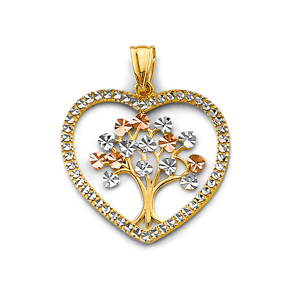 14K Tri-Color Gold Heart Tree of Life Pendant