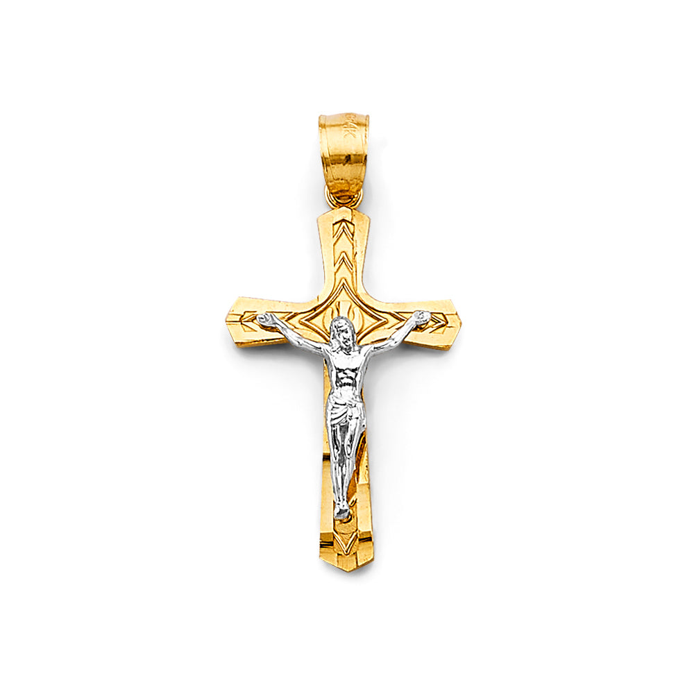 14K Two-Tone Gold Engraved Crucifix Pendant