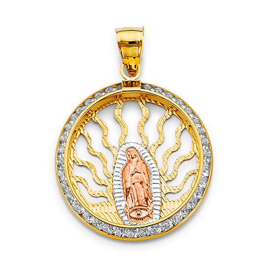 14K Tri-Color Gold Virgin Guadalupe Round Openwork CZ Medallion Pendant aprox 1 1/2" tall
