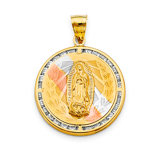 14K Tri-Color Gold Virgin Guadalupe Round Filigree CZ Medallion Pendant aprox 1 1/2" tall