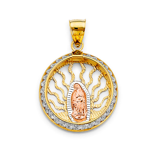 14K Tri-Color Gold Virgin Guadalupe Round Openwork CZ Medallion Pendant apros 1 1/4" tall
