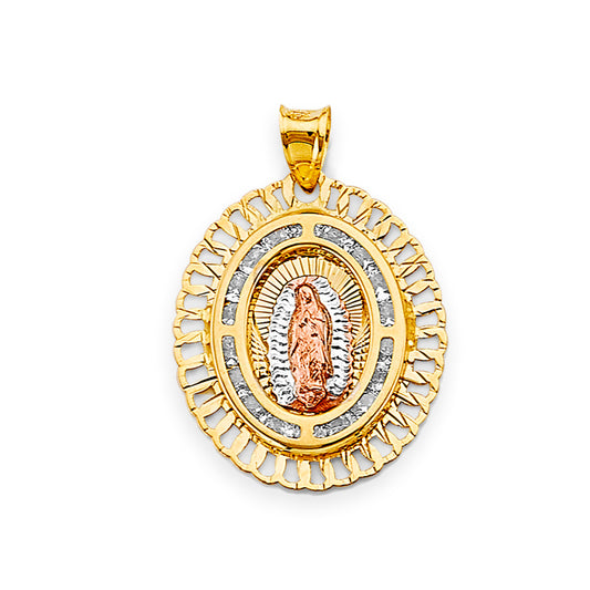 14K Tri-Color Gold Virgin Guadalupe Oval Filigree CZ Medallion Pendant aprox 1" tall