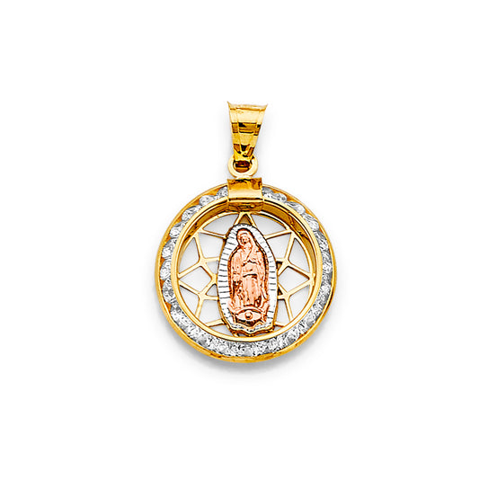 14K Tri-Color Gold Virgin Guadalupe Round CZ Medallion Pendant aprox 1" tall