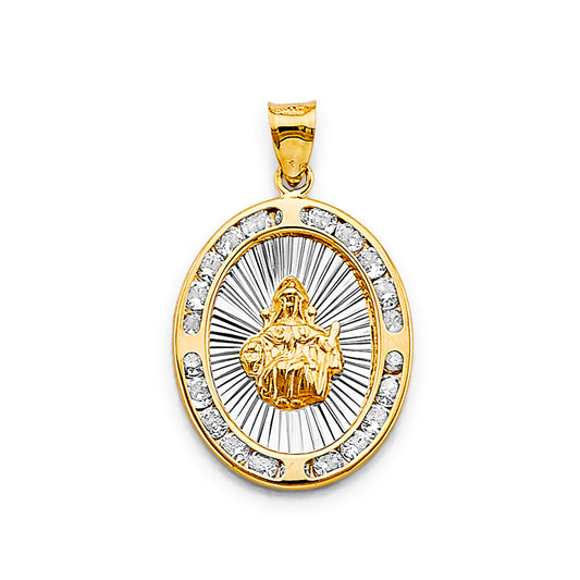 14K Two-Tone Gold Sacred Heart Oval CZ Medallion Pendant aprox 1" tall