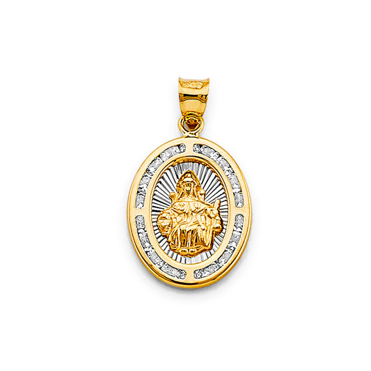 14K Two-Tone Gold Sacred Heart Oval CZ Medallion Pendant aprox 1" tall