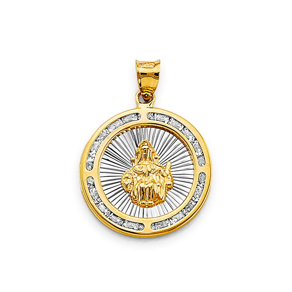 14K Two-Tone Gold Sacred Heart Round CZ Medallion Pendant