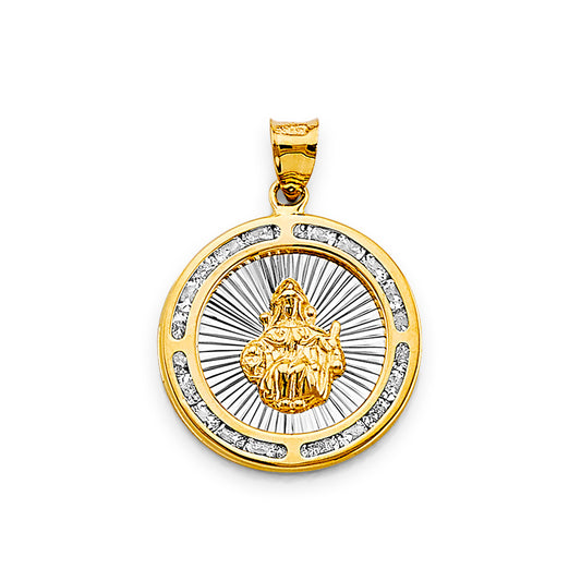 14K Two-Tone Gold Sacred Heart Round CZ Medallion Pendant