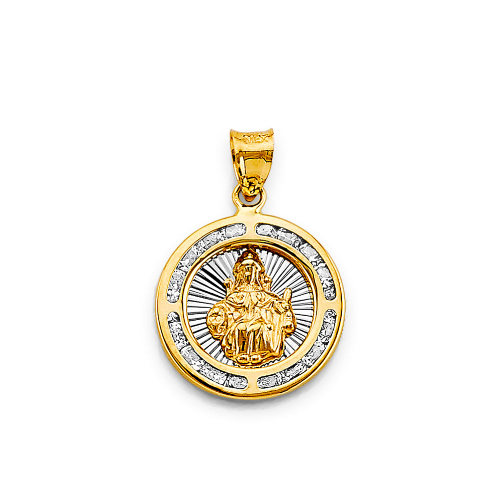 14K Two-Tone Gold Sacred Heart Round CZ Medallion Pendant