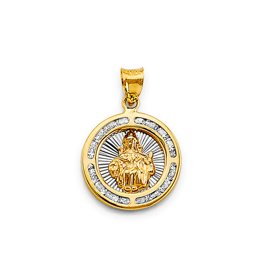 14K Two-Tone Gold Sacred Heart Round CZ Medallion Pendant