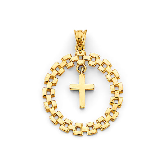 14K Yellow Gold Circular Link Frame Cross Pendant aprox 1" tall