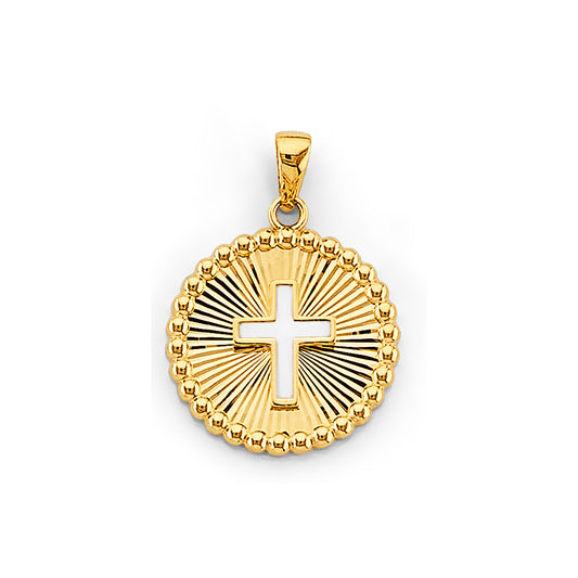 14K Two-Tone Gold Beaded Sunburst Cross Medallion Pendant aprox 1" tall