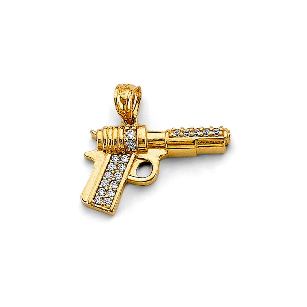 14K Yellow Gold CZ Pistol Pendant 0.6" Tall