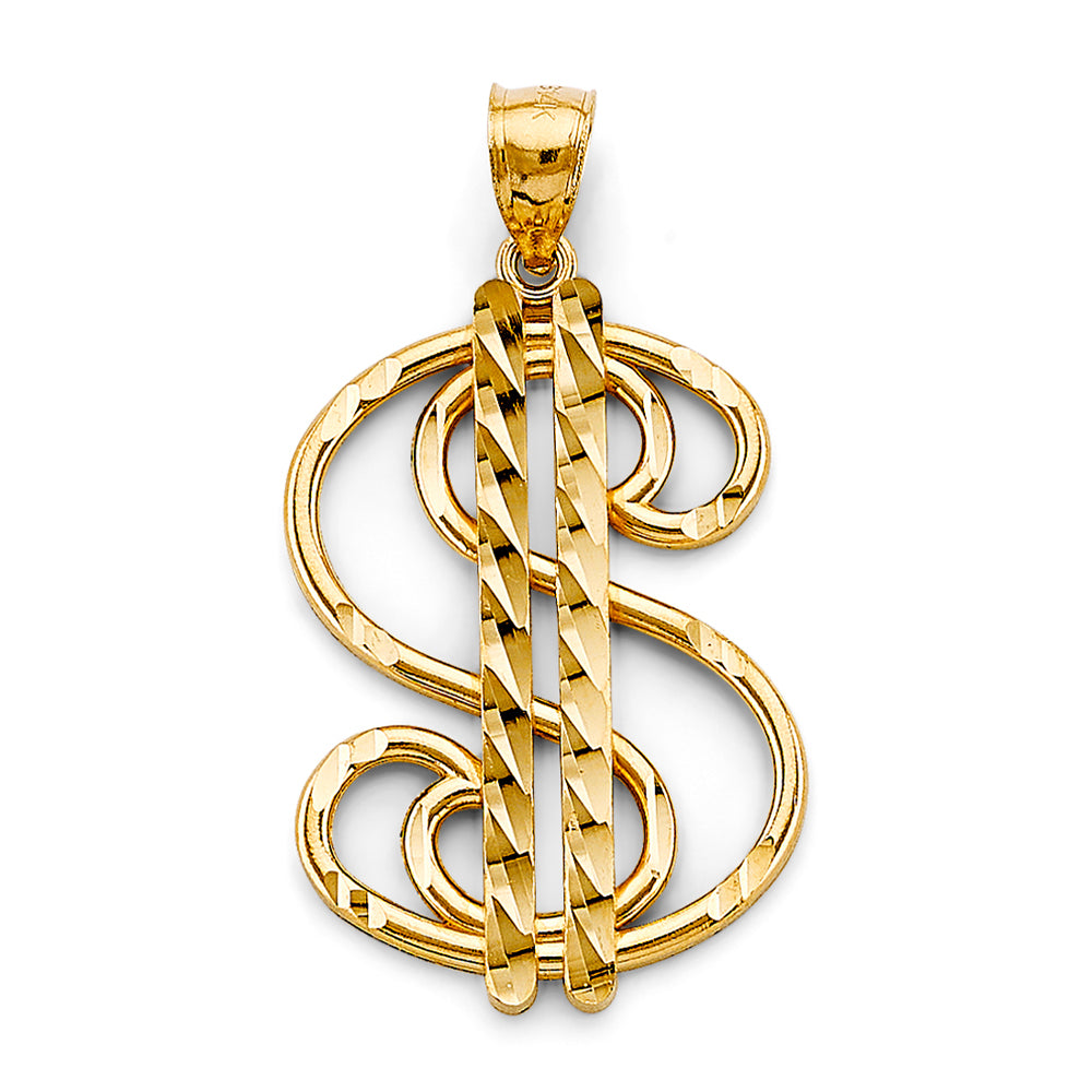 14K Yellow Gold Dollar Sign Pendant 1.6" Tall