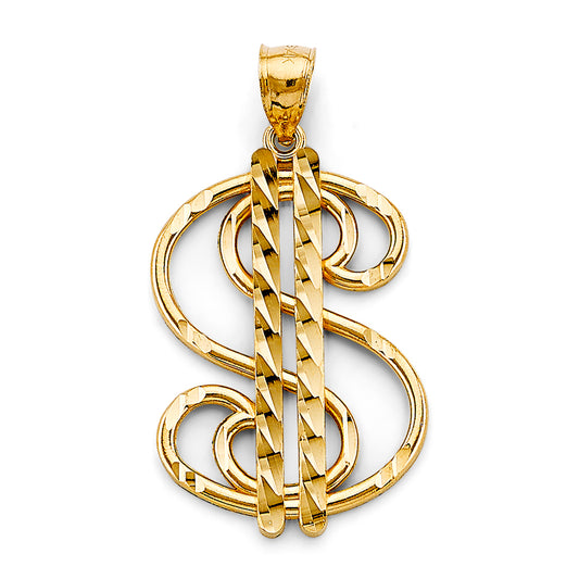 14K Yellow Gold Dollar Sign Pendant 1.6" Tall