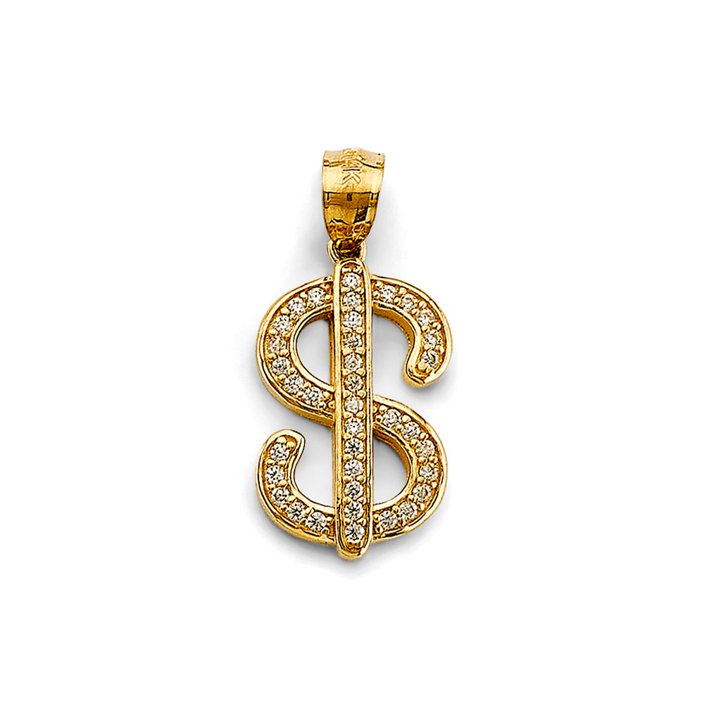 14K Yellow Gold CZ Dollar Sign Pendant 1" Tall