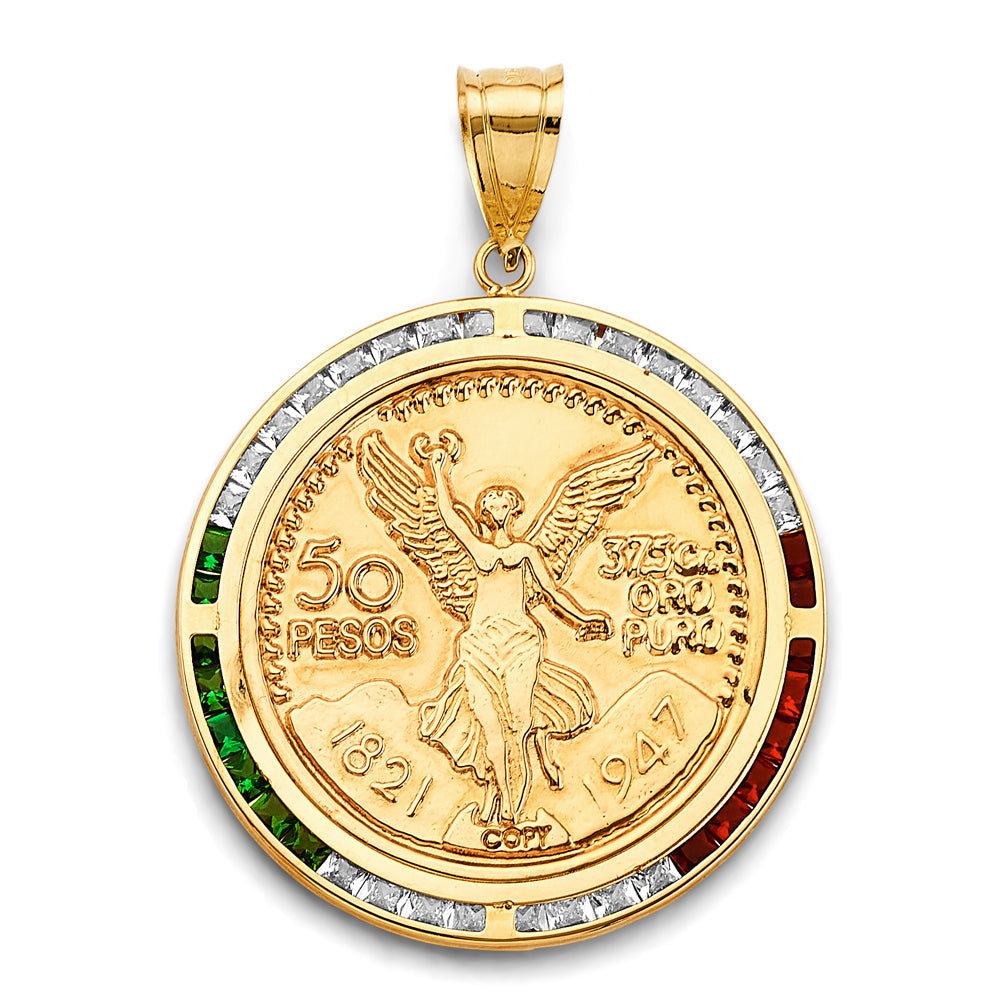 14K Yellow Gold 50 Pesos Coin Light Weight Pendant with Multicolor CZ Accents