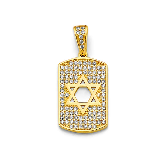 14K Yellow Gold Star of David Dog Tag CZ Pendant