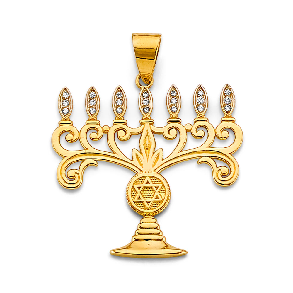14K Yellow Gold Menorah Star of David CZ Pendant