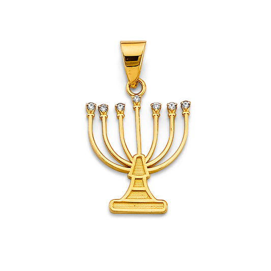 14K Yellow Gold Menorah CZ Pendant