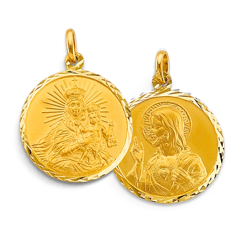 14K Yellow Gold Double Sided / Reversible Virgin Mary & Sacred Heart Medallion