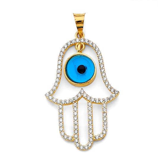 14K Yellow Gold Hamsa Hand Design Evil Eye CZ Pendant