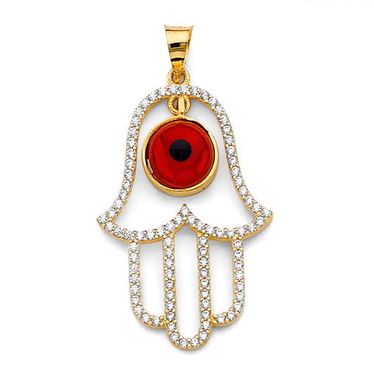 14K Yellow Gold Hamsa Hand Design Evil Eye CZ Pendant