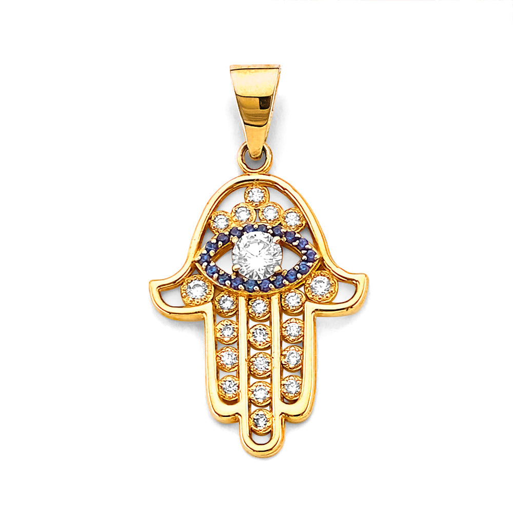 14K Yellow Gold Hamsa Hand Design Evil Eye CZ Pendant