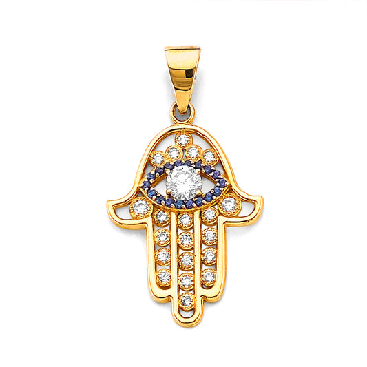 14K Yellow Gold Hamsa Hand Design Evil Eye CZ Pendant